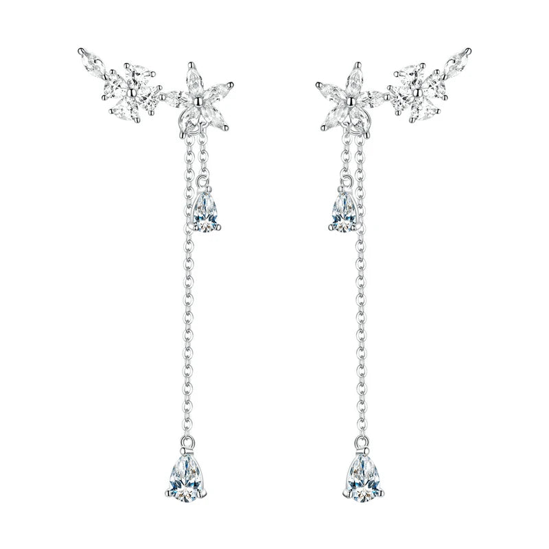 925 Sterling Silver CZ Flower Wrap Earrings Dangle Chain, Women Elegant Bridal Earrings Wedding Engagement Drop Earrings
