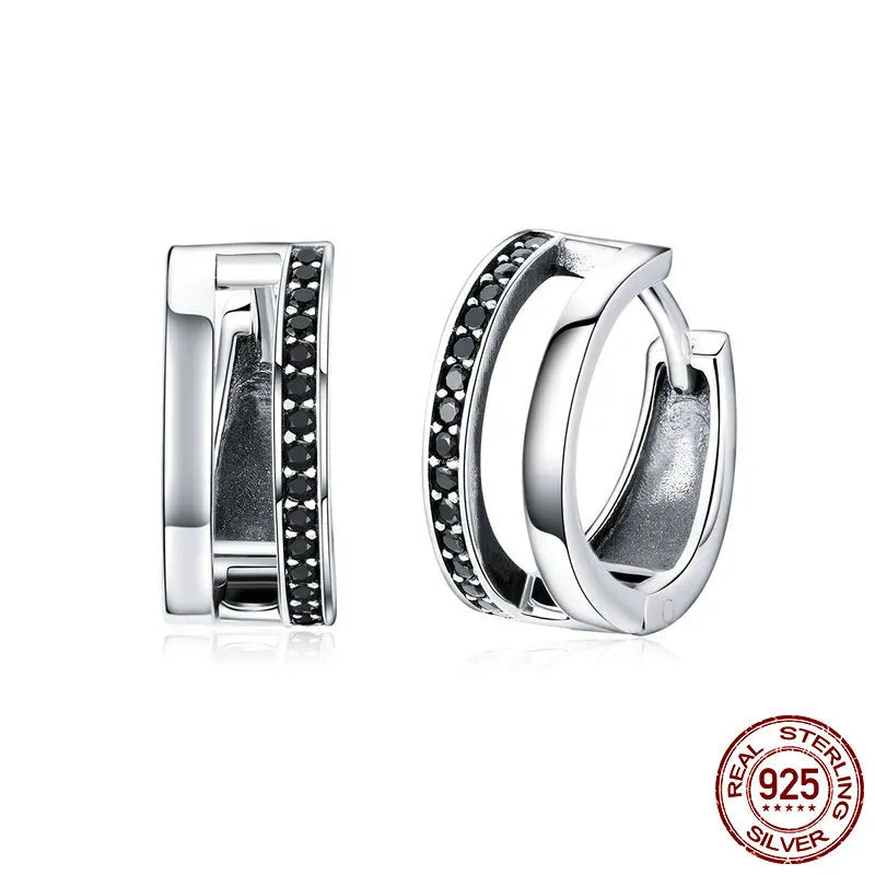 Classic 925 Sterling Silver Simple Double Round Circle Black CZ Hoop Earrings for Women Fine Jewelry Gift