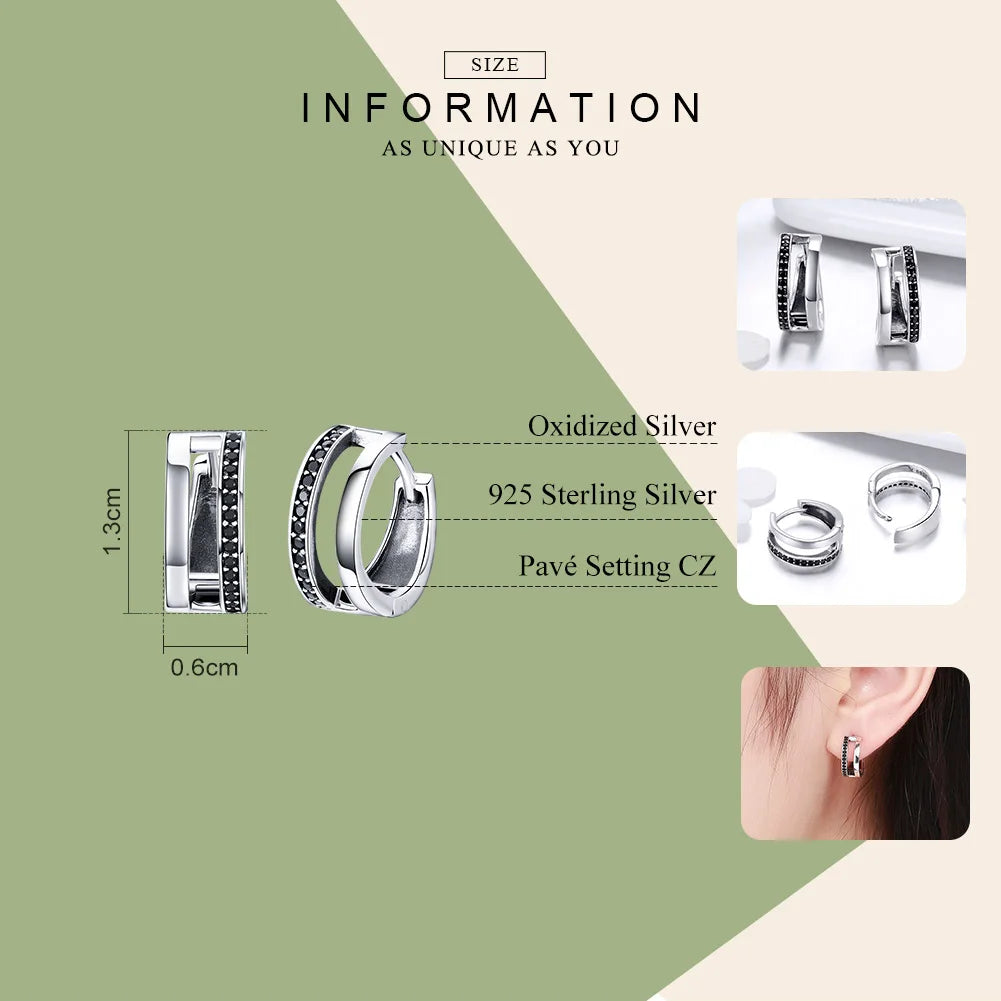 Classic 925 Sterling Silver Simple Double Round Circle Black CZ Hoop Earrings for Women Fine Jewelry Gift