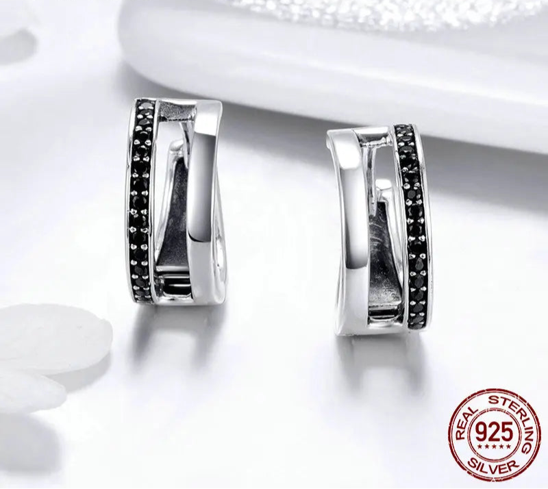 Classic 925 Sterling Silver Simple Double Round Circle Black CZ Hoop Earrings for Women Fine Jewelry Gift