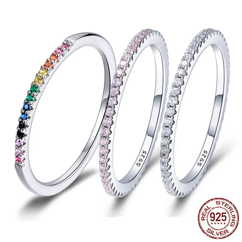 925 Sterling Silver Stackable Eternity Rings – Rainbow, Pink & White CZ Bands
