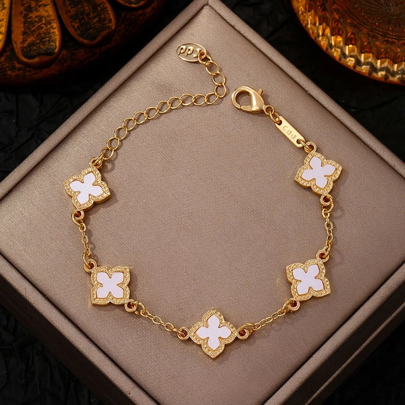 Classic Luxury Lucky Clover Bracelet for Women, Elegant Five Leaf Flower Bracelet.