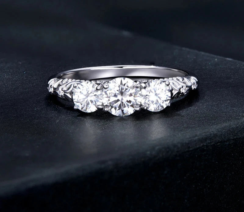 1.1CTTW Round Moissanite Ring for Women, White Gold Plated D Color VVS1 Lab Diamond 925 Sterling Silver Engagement Ring