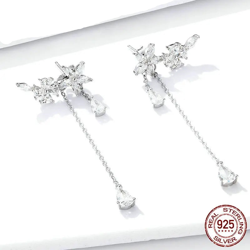925 Sterling Silver CZ Flower Wrap Earrings Dangle Chain, Women Elegant Bridal Earrings Wedding Engagement Drop Earrings