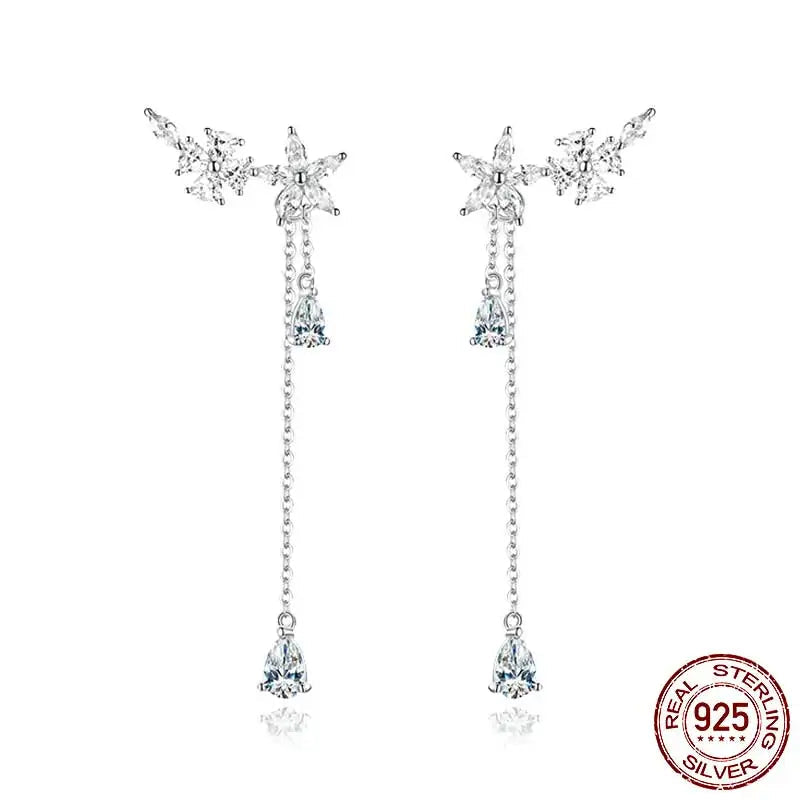 925 Sterling Silver CZ Flower Wrap Earrings Dangle Chain, Women Elegant Bridal Earrings Wedding Engagement Drop Earrings