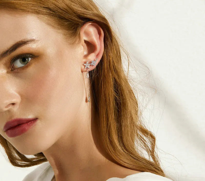 925 Sterling Silver CZ Flower Wrap Earrings Dangle Chain, Women Elegant Bridal Earrings Wedding Engagement Drop Earrings