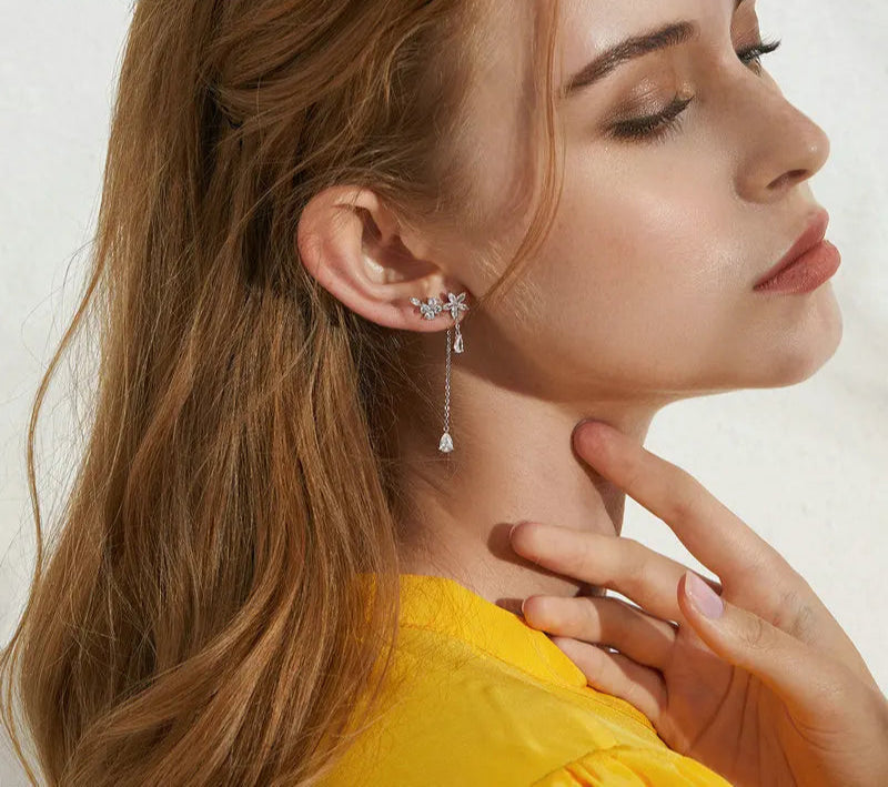 925 Sterling Silver CZ Flower Wrap Earrings Dangle Chain, Women Elegant Bridal Earrings Wedding Engagement Drop Earrings