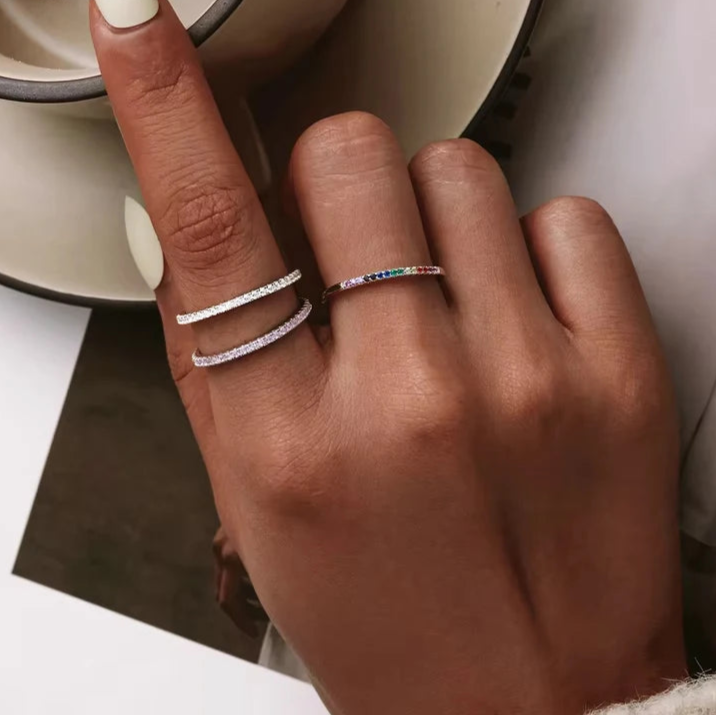 925 Sterling Silver Stackable Eternity Rings – Rainbow, Pink & White CZ Bands