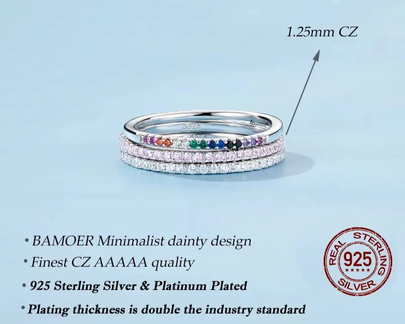 925 Sterling Silver Stackable Eternity Rings – Rainbow, Pink & White CZ Bands
