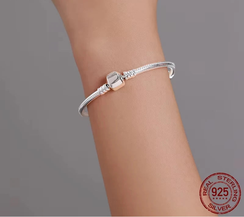 925 Sterling Silver Snake Chain Charm Bracelet for Women – Luxury Jewelry (17–22cm)
