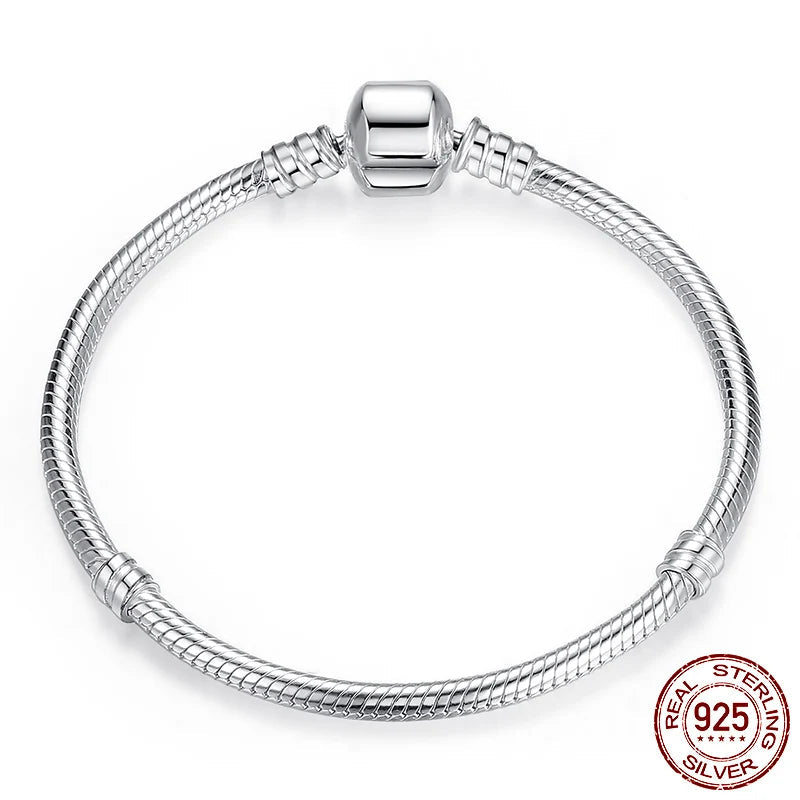 925 Sterling Silver Snake Chain Charm Bracelet for Women – Luxury Jewelry (17–22cm)