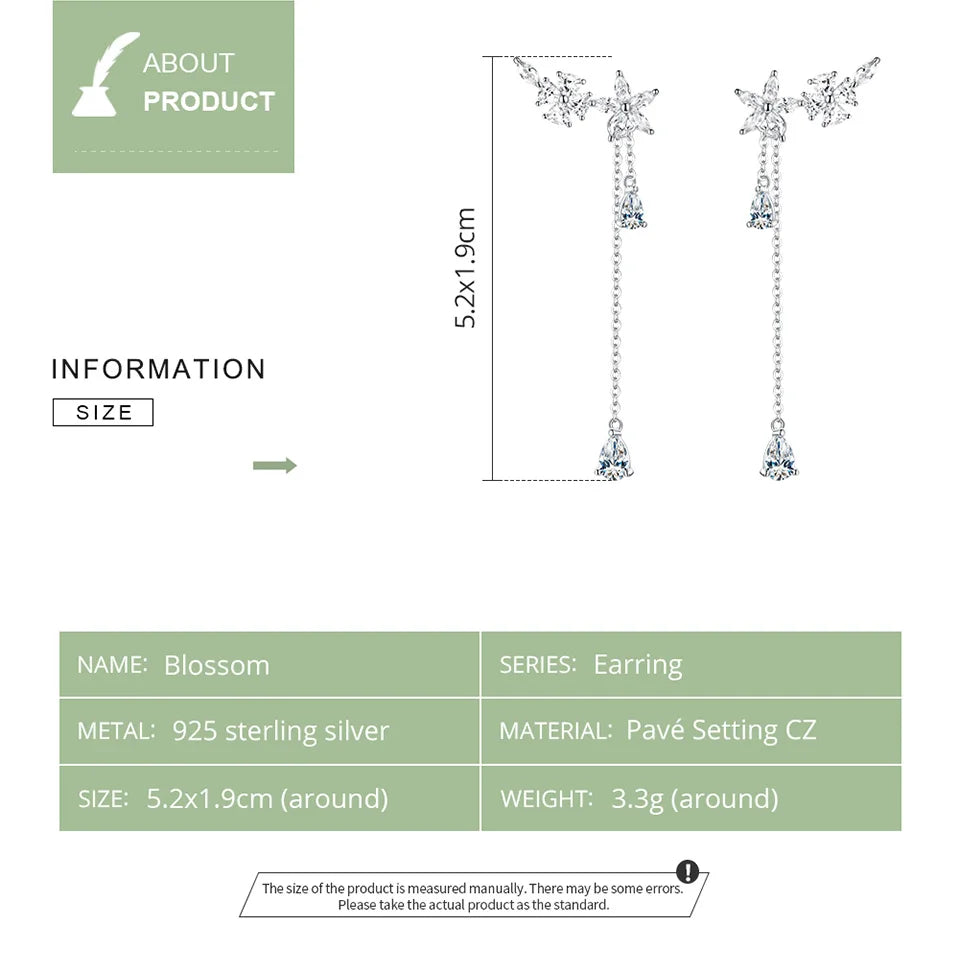 925 Sterling Silver CZ Flower Wrap Earrings Dangle Chain, Women Elegant Bridal Earrings Wedding Engagement Drop Earrings